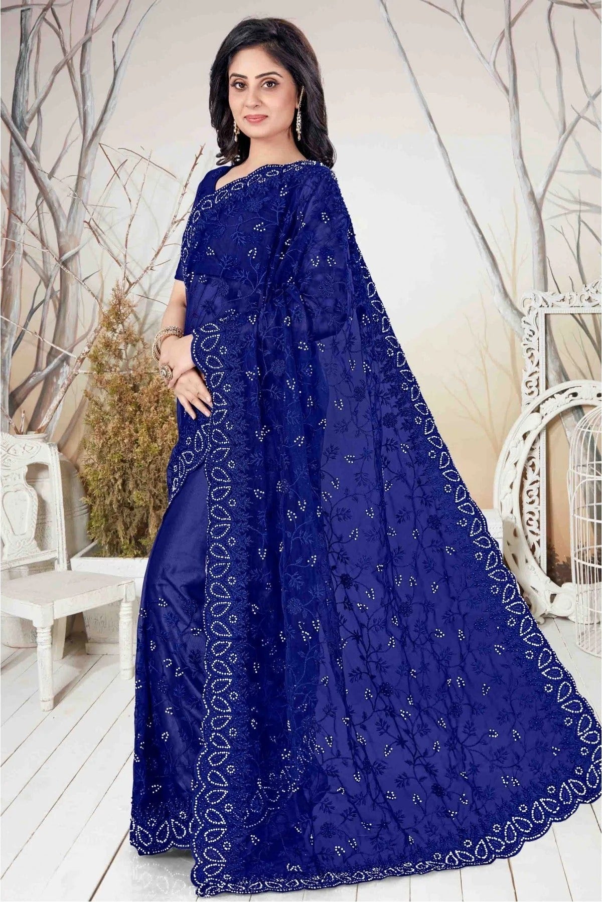 Blue Colour Net Embroidery Saree SD1090117