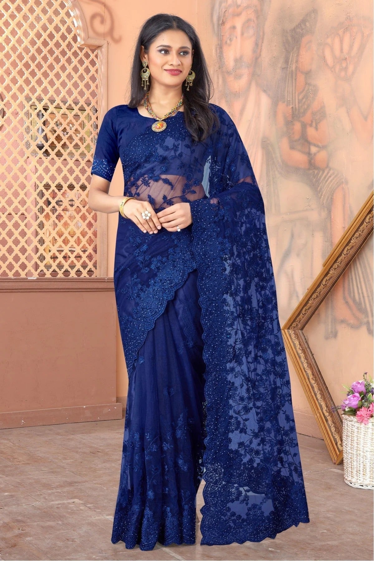 Blue Colour Net Embroidery Saree SD1090395