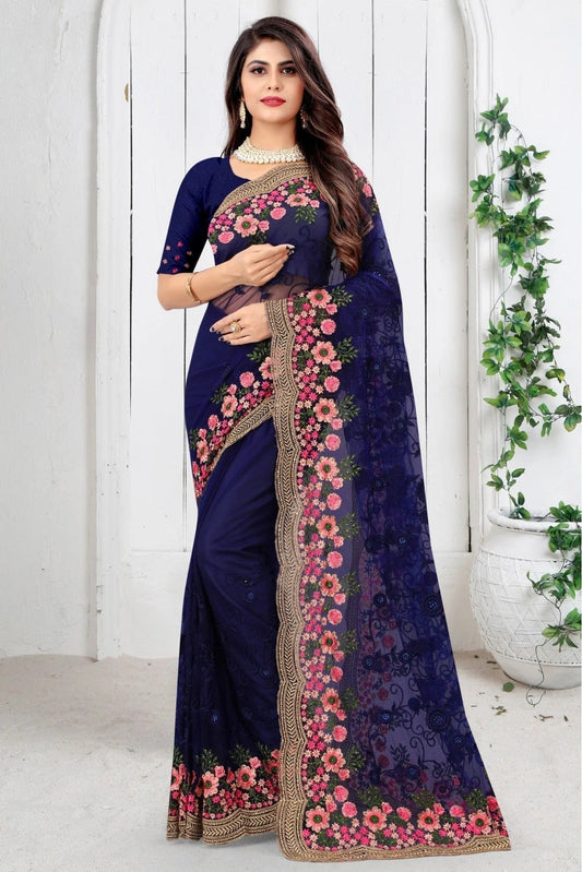 Blue Colour Net Embroidery Saree SD1090448