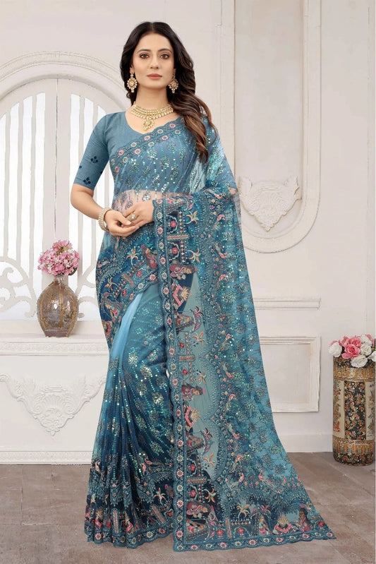 Blue Colour Net Embroidery Saree SD1120884