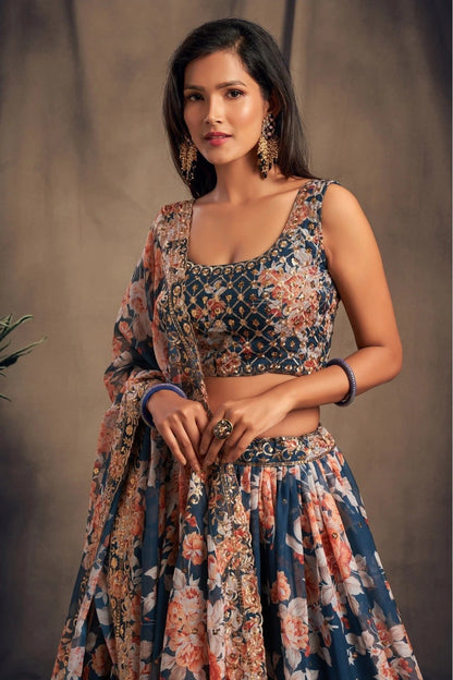 Blue Colour Organza Lehenga Choli LC1010098 B