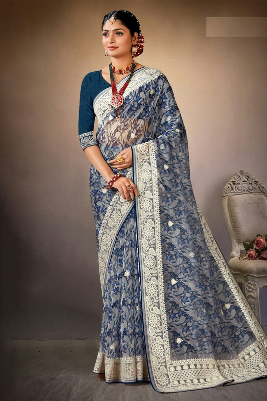 Blue Colour Organza Printed Saree LC1121568