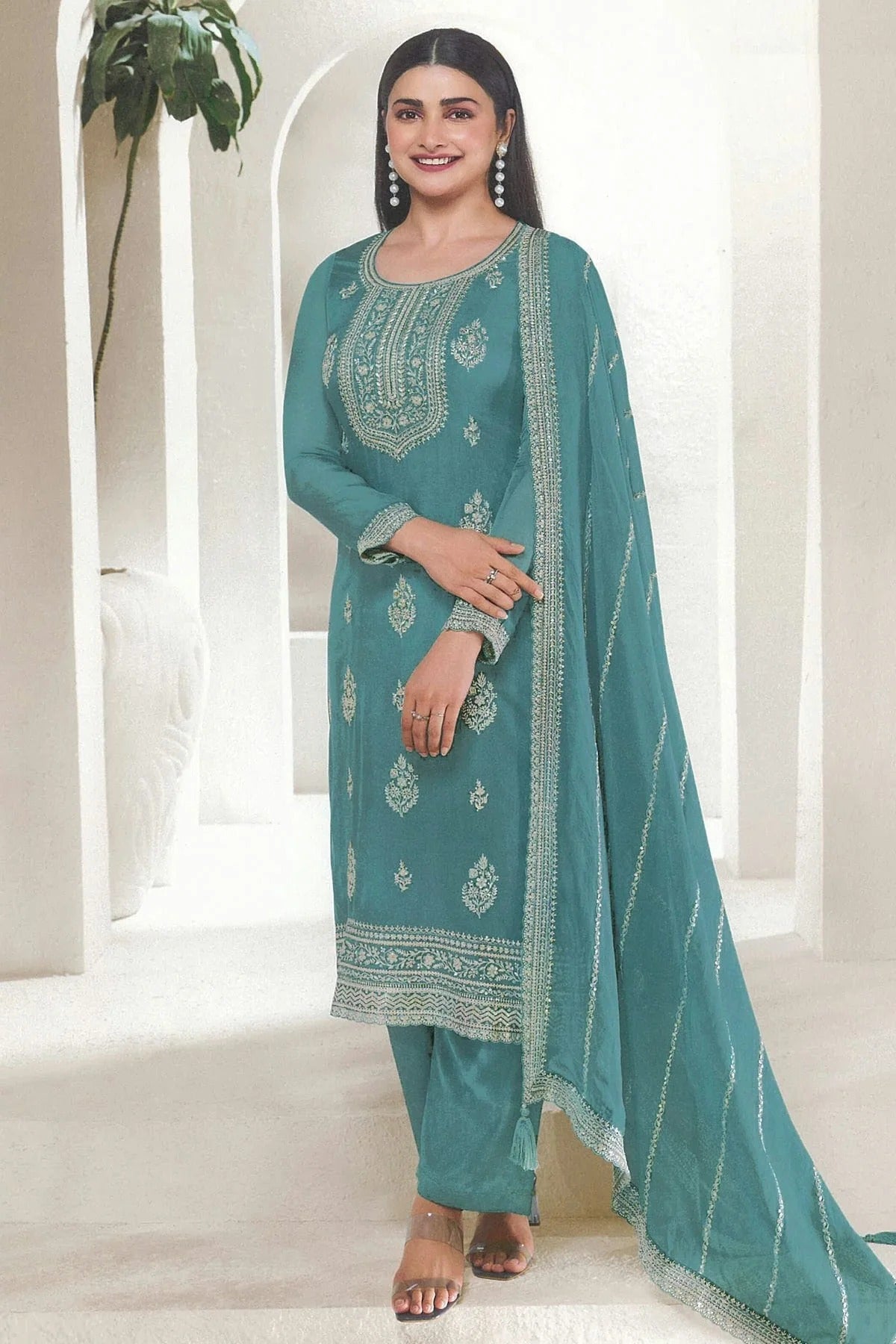 Blue Colour Organza Straight Suit SM1110708