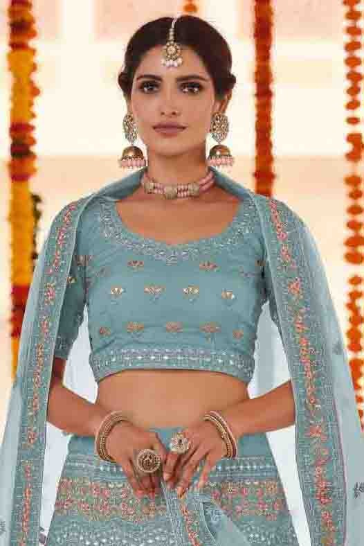 Blue Colour Organza Thread Work Lehenga Choli LC1080158 A