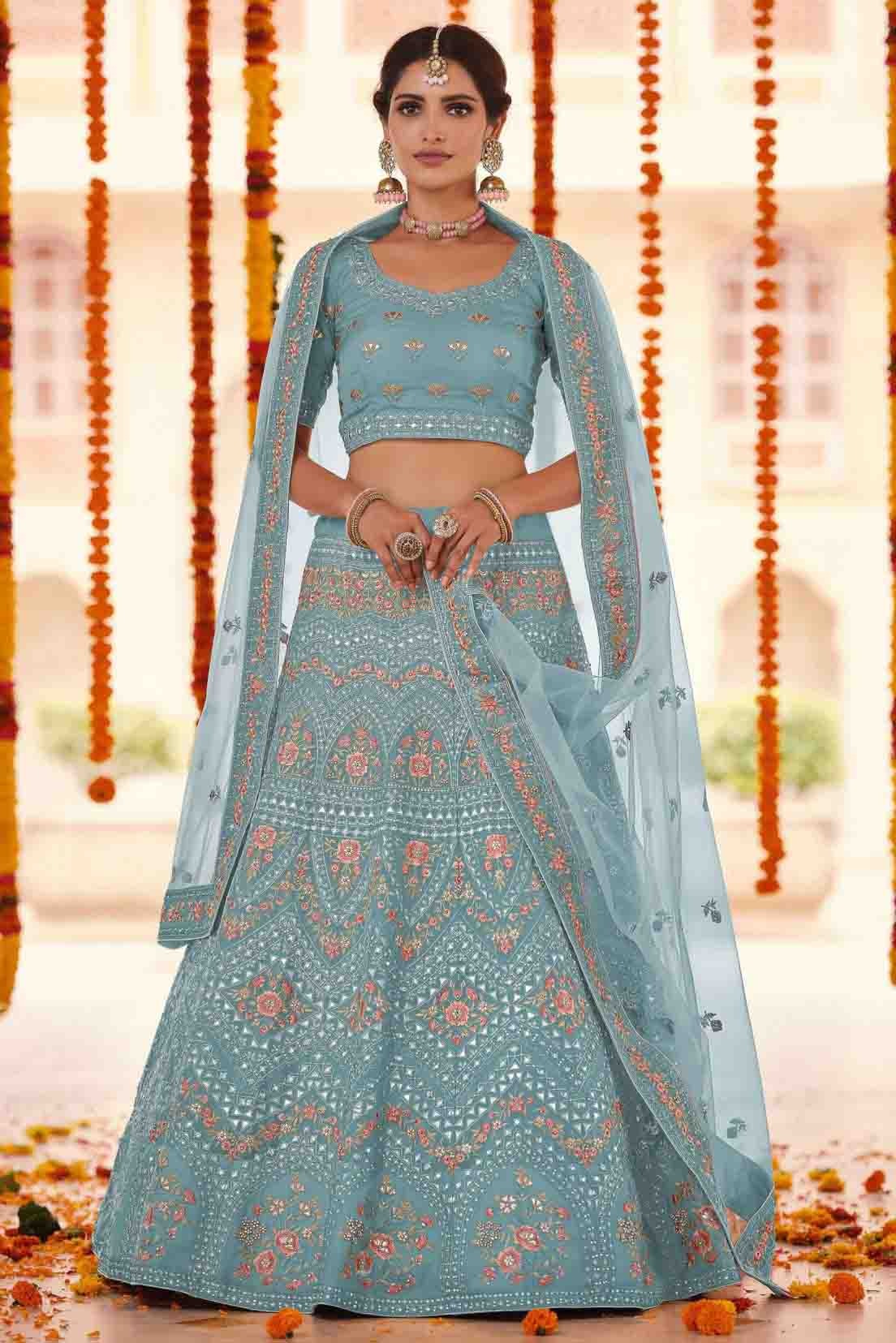 Blue Colour Organza Thread Work Lehenga Choli LC1080158