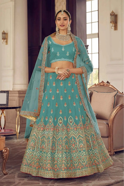 Blue Colour Organza Thread Work Lehenga Choli LC1080166