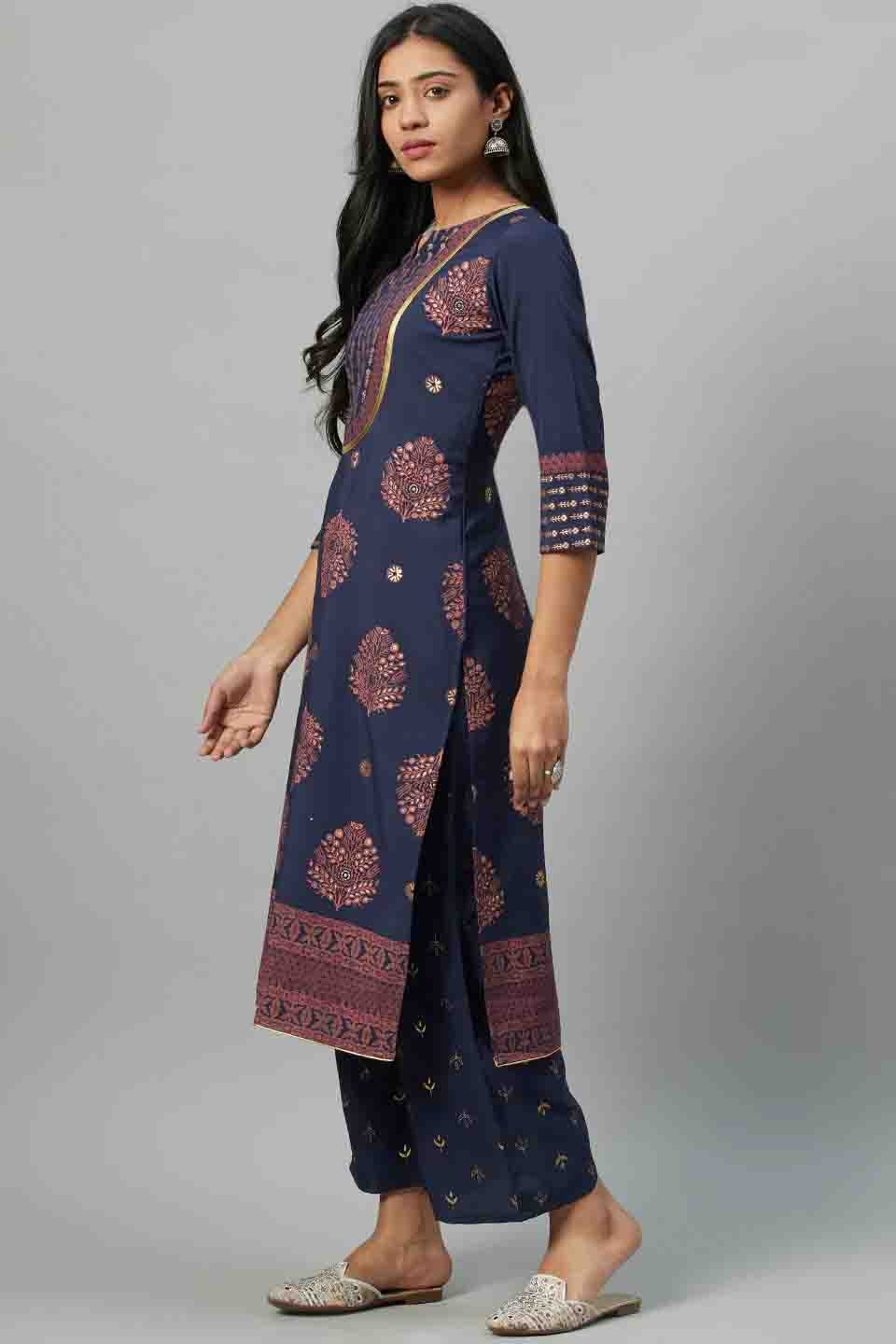 Blue Colour Plus Size Crepe Party Wear Kurti Set KR1060033 A