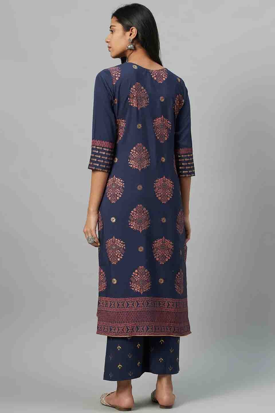 Blue Colour Plus Size Crepe Party Wear Kurti Set KR1060033 B