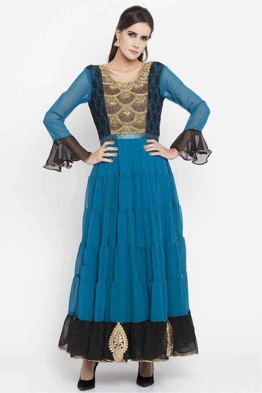Blue Colour Plus Size Faux Georgette Embroidery Kurti KR1070450