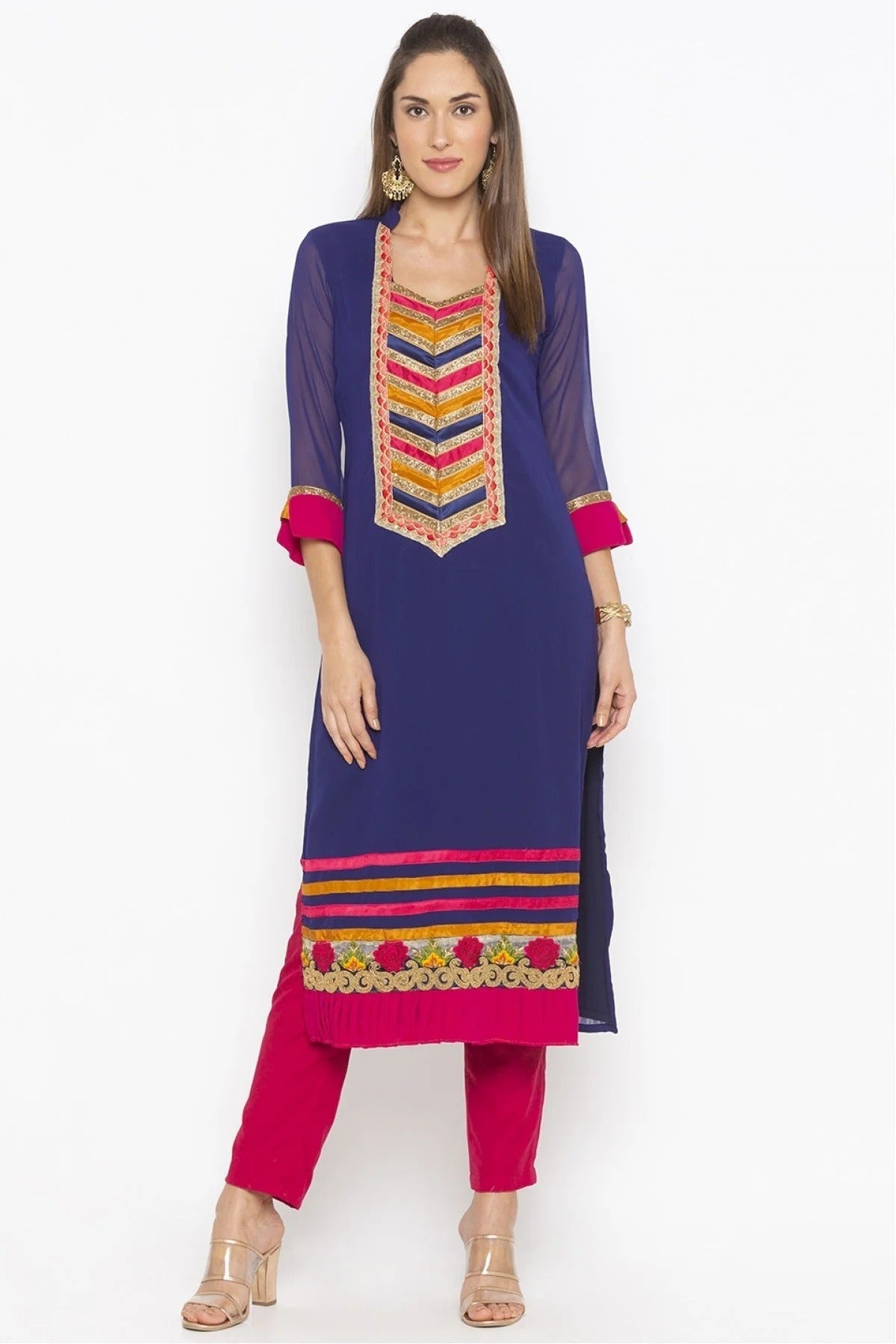 Blue Colour Plus Size Georgette Embroidery Kurta Set KR1070472