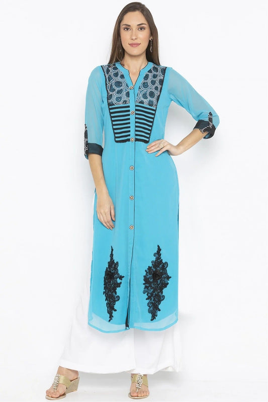 Blue Colour Plus Size Georgette Embroidery Kurta Set KR1070475