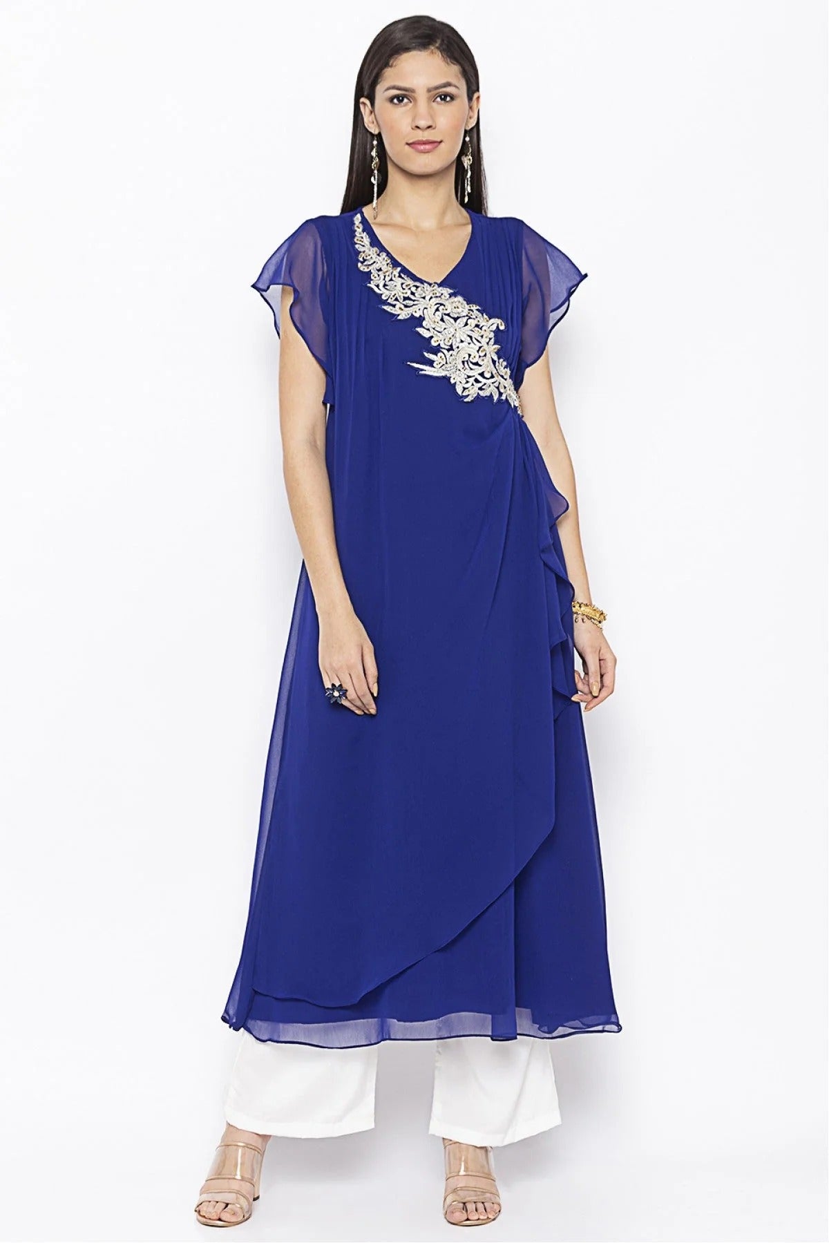 Blue Colour Plus Size Georgette Embroidery Kurta Set KR1070521