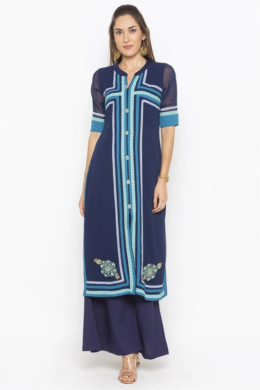 Blue Colour Plus Size Georgette Embroidery Kurta Set KR1070524