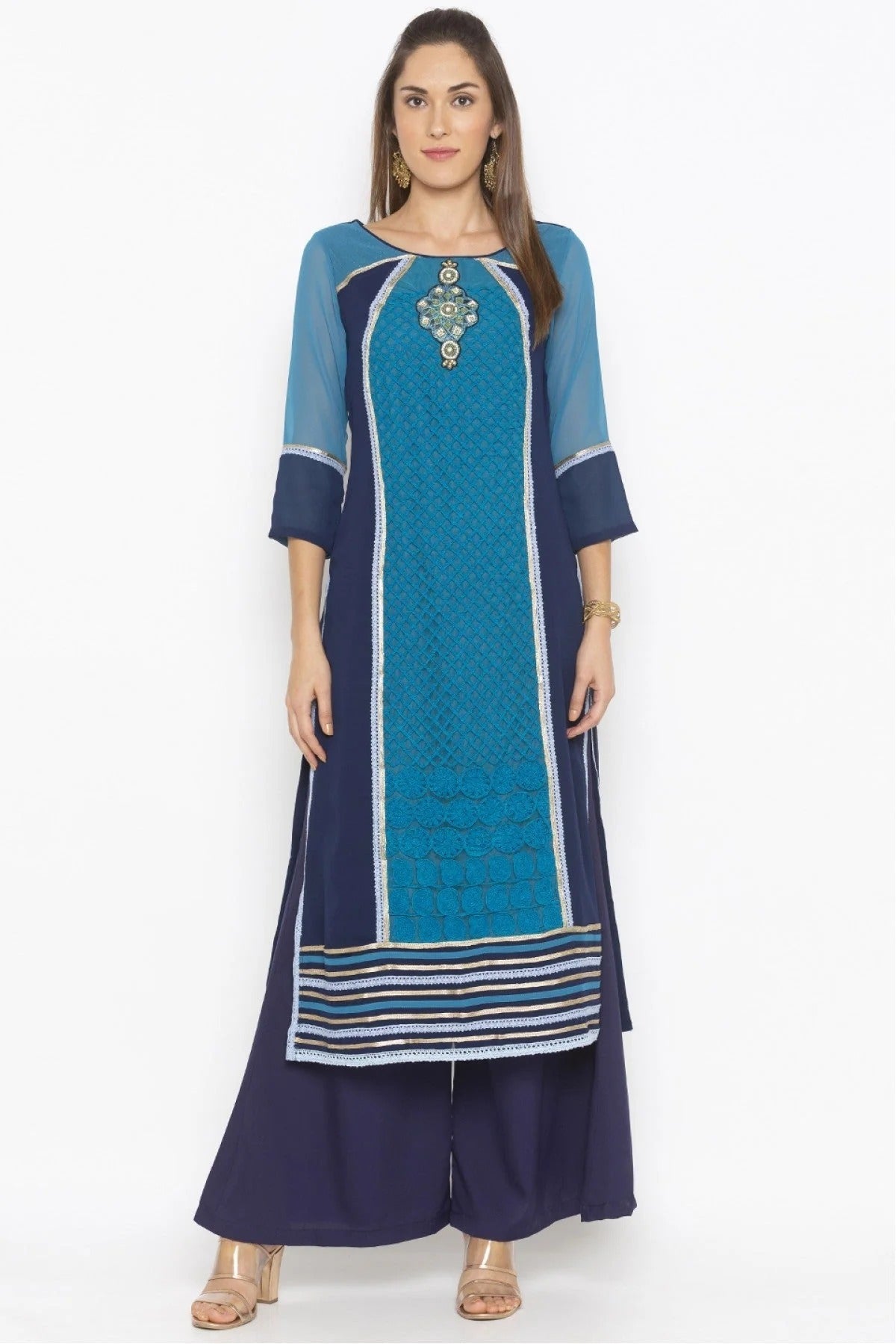 Blue Colour Plus Size Georgette Embroidery Kurta Set KR1070617