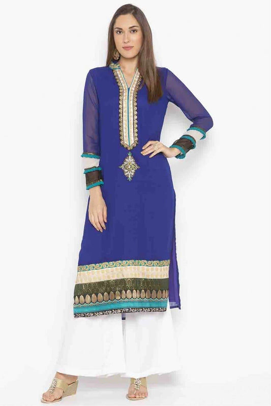 Blue Colour Plus Size Georgette Embroidery Kurti KR1070367