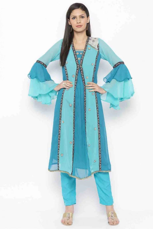 Blue Colour Plus Size Georgette Embroidery Kurti KR1070372