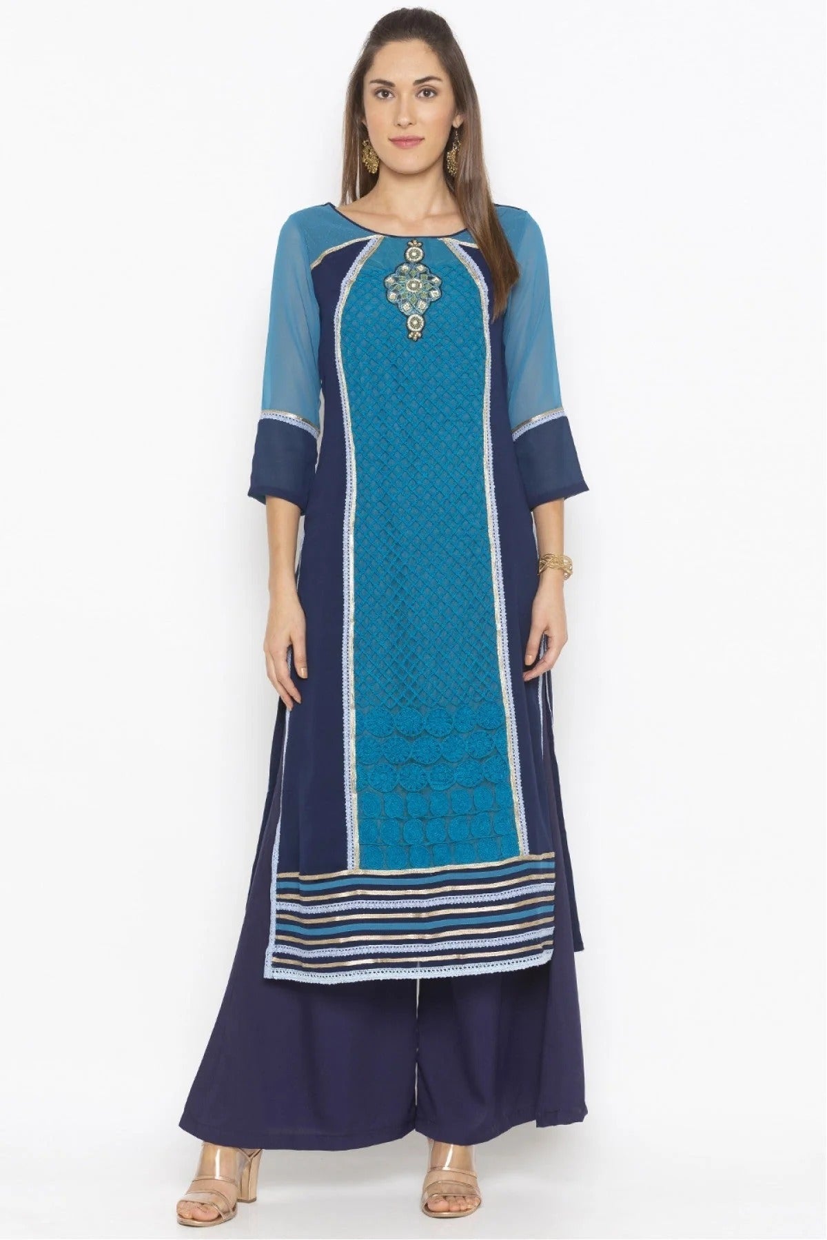 Blue Colour Plus Size Georgette Embroidery Kurti KR1070593