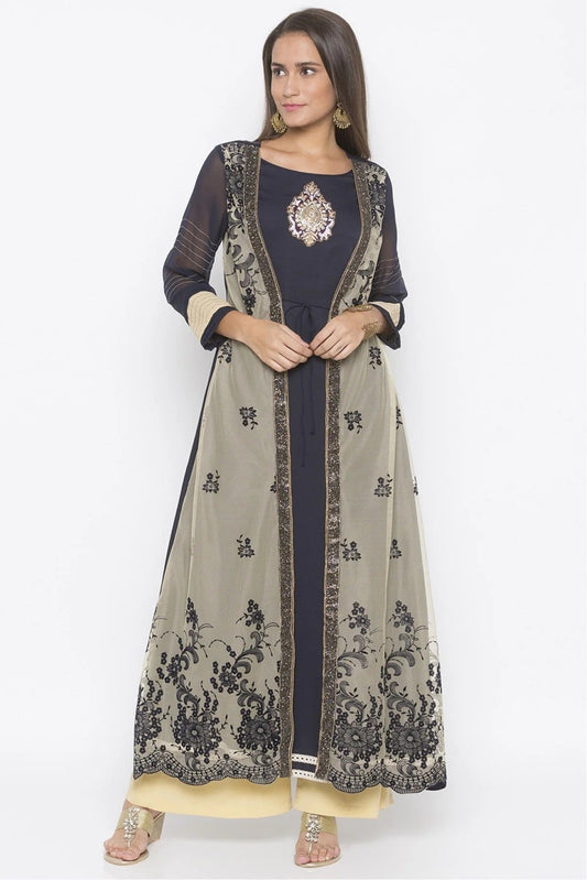 Blue Colour Plus Size Net Embroidery Kurta Set KR1070554