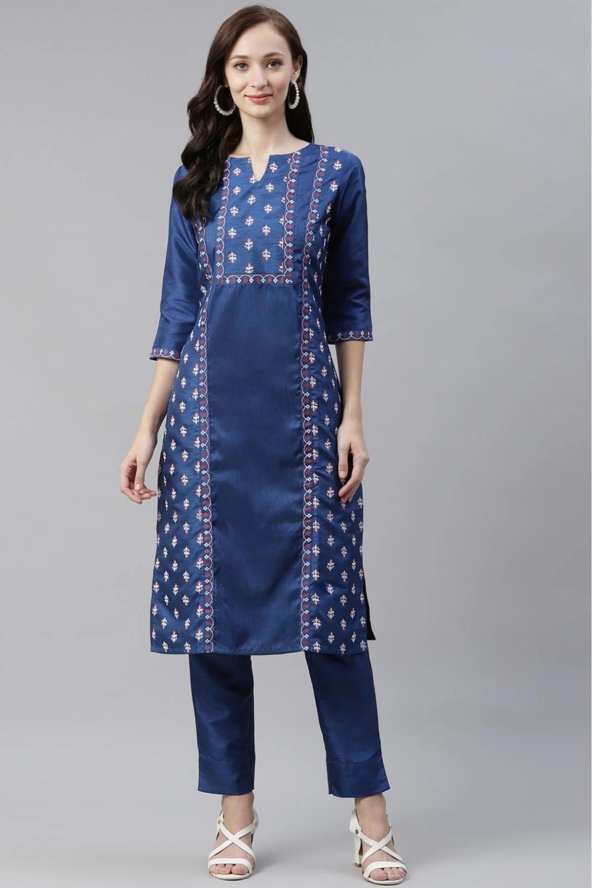 Blue Colour Plus Size Poly Silk Foil Print Kurti With Pant Set KR1060088