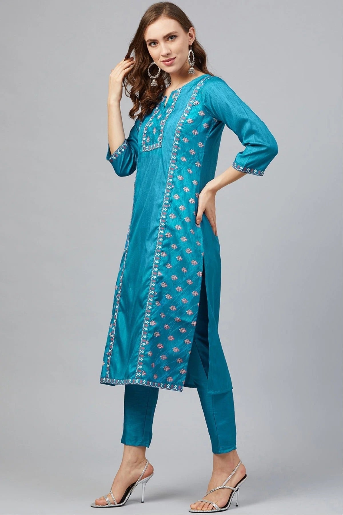 Blue Colour Plus Size Poly Silk Straight Kurta Pant Set KR1060137 A