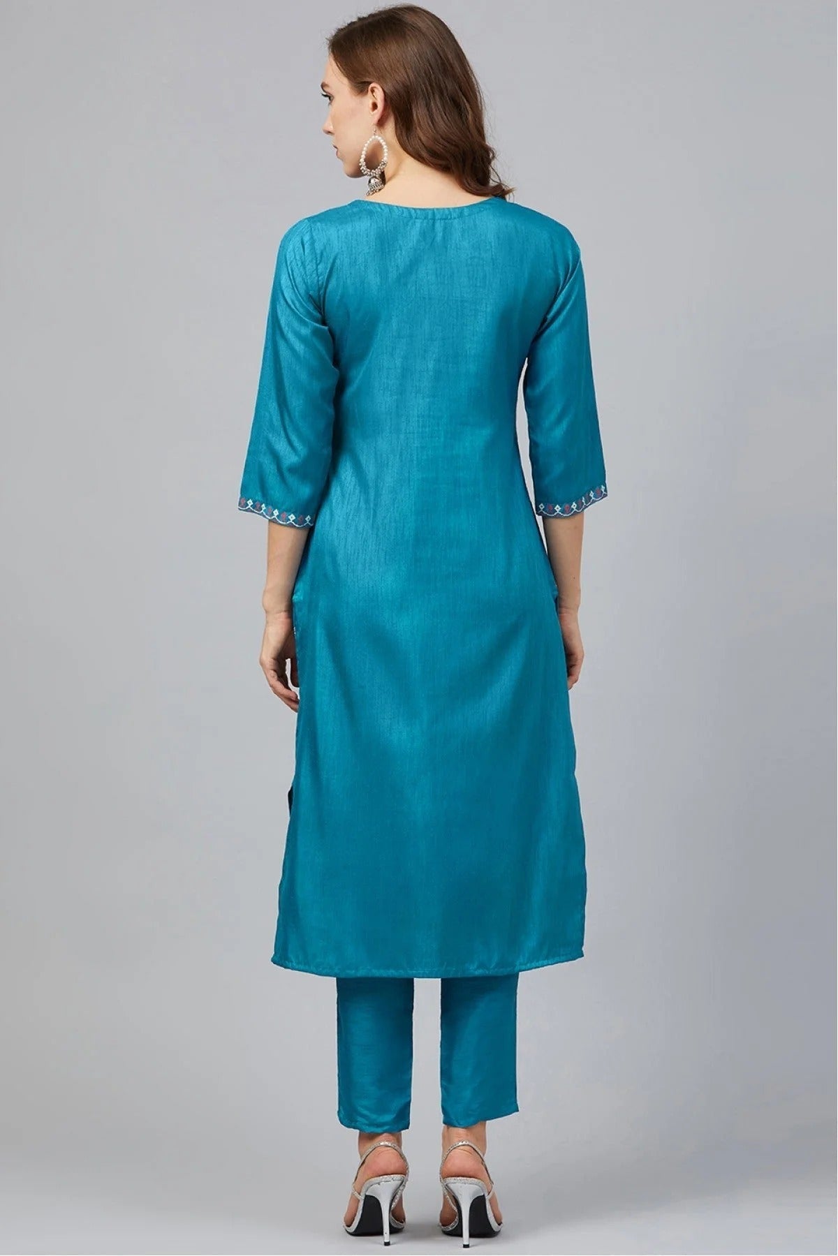 Blue Colour Plus Size Poly Silk Straight Kurta Pant Set KR1060137 B