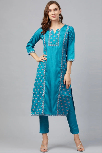 Blue Colour Plus Size Poly Silk Straight Kurta Pant Set KR1060137