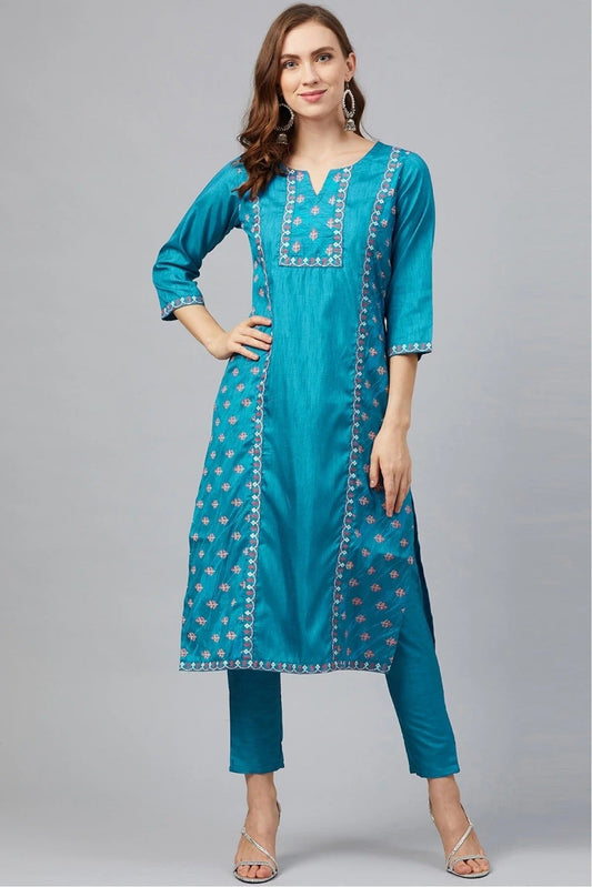 Blue Colour Plus Size Poly Silk Straight Kurta Pant Set KR1060137