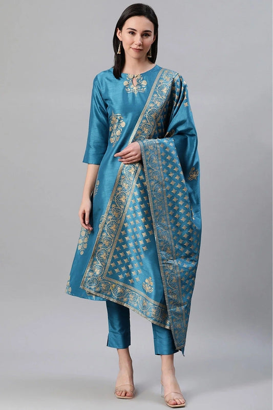 Blue Colour Plus Size Polyester Foil Print Kurti Pant And Dupatta Set KR1060172
