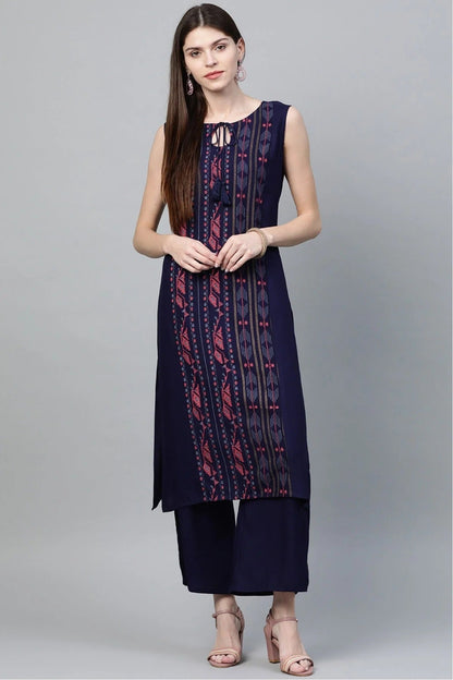 Blue Colour Plus Size Rayon Straight Kurta Palazzo Set KR1060014 A
