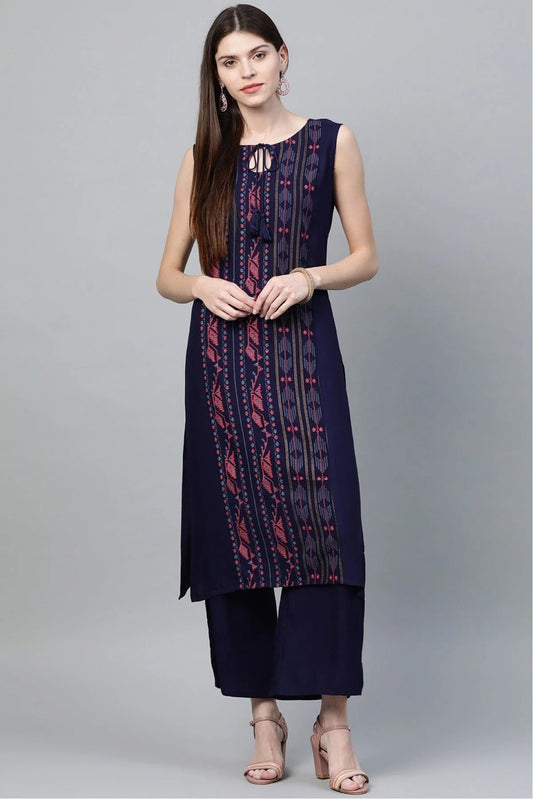 Blue Colour Plus Size Rayon Straight Kurta Palazzo Set KR1060014 A