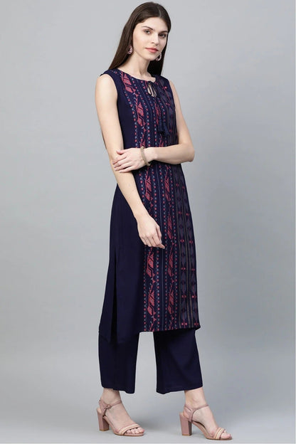 Blue Colour Plus Size Rayon Straight Kurta Palazzo Set KR1060014 B