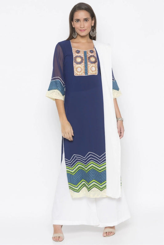 Blue Colour Plus Size Stitched American Crepe Embroidery Palazzo Pant Suit BW1070272