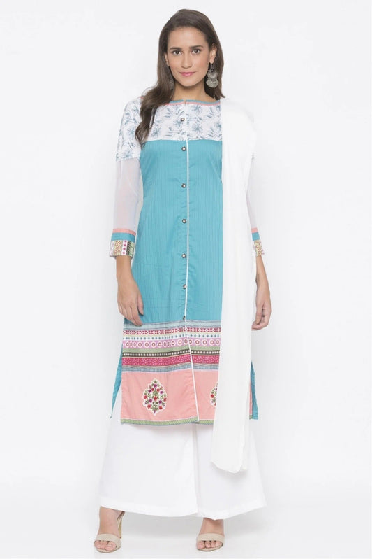 Blue Colour Plus Size Stitched Cotton Embroidery Palazzo Pant Suit BW1070258
