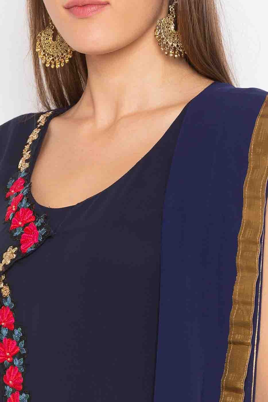 Blue Colour Plus Size Stitched Cotton Embroidery Palazzo Pant Suit BW1070294 B