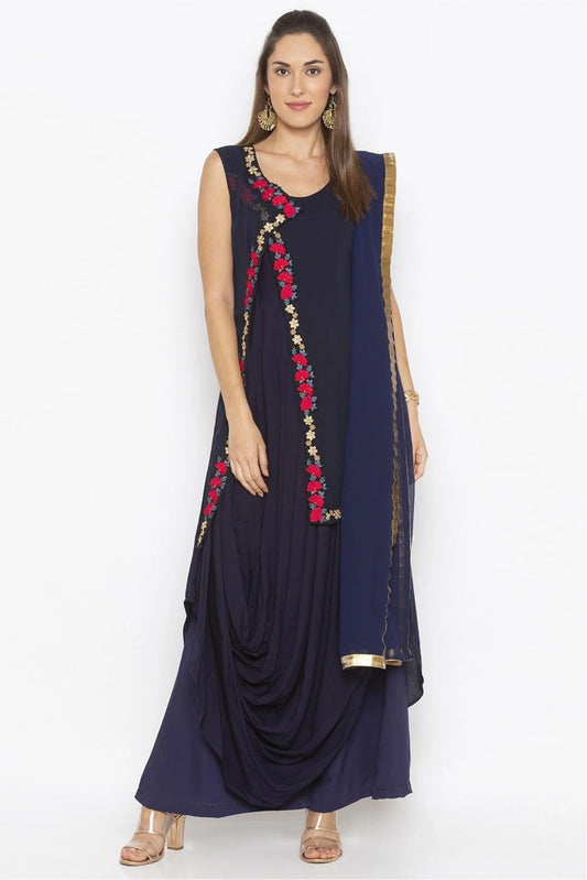 Blue Colour Plus Size Stitched Cotton Embroidery Palazzo Pant Suit BW1070294