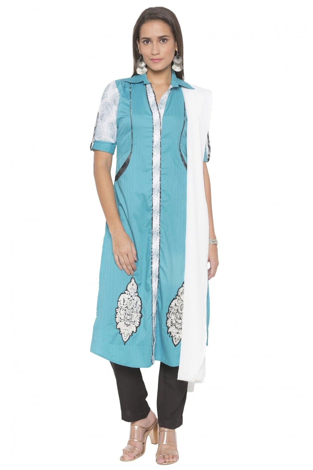 Blue Colour Plus Size Stitched Cotton Embroidery Pant Style Suit BW1070252