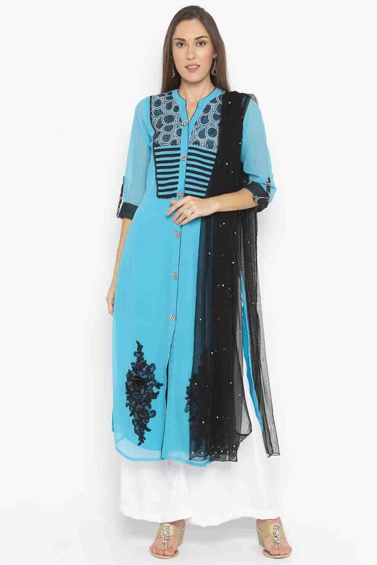 Blue Colour Plus Size Stitched Georgette Embroidery Palazzo Pant Suit BW1070196