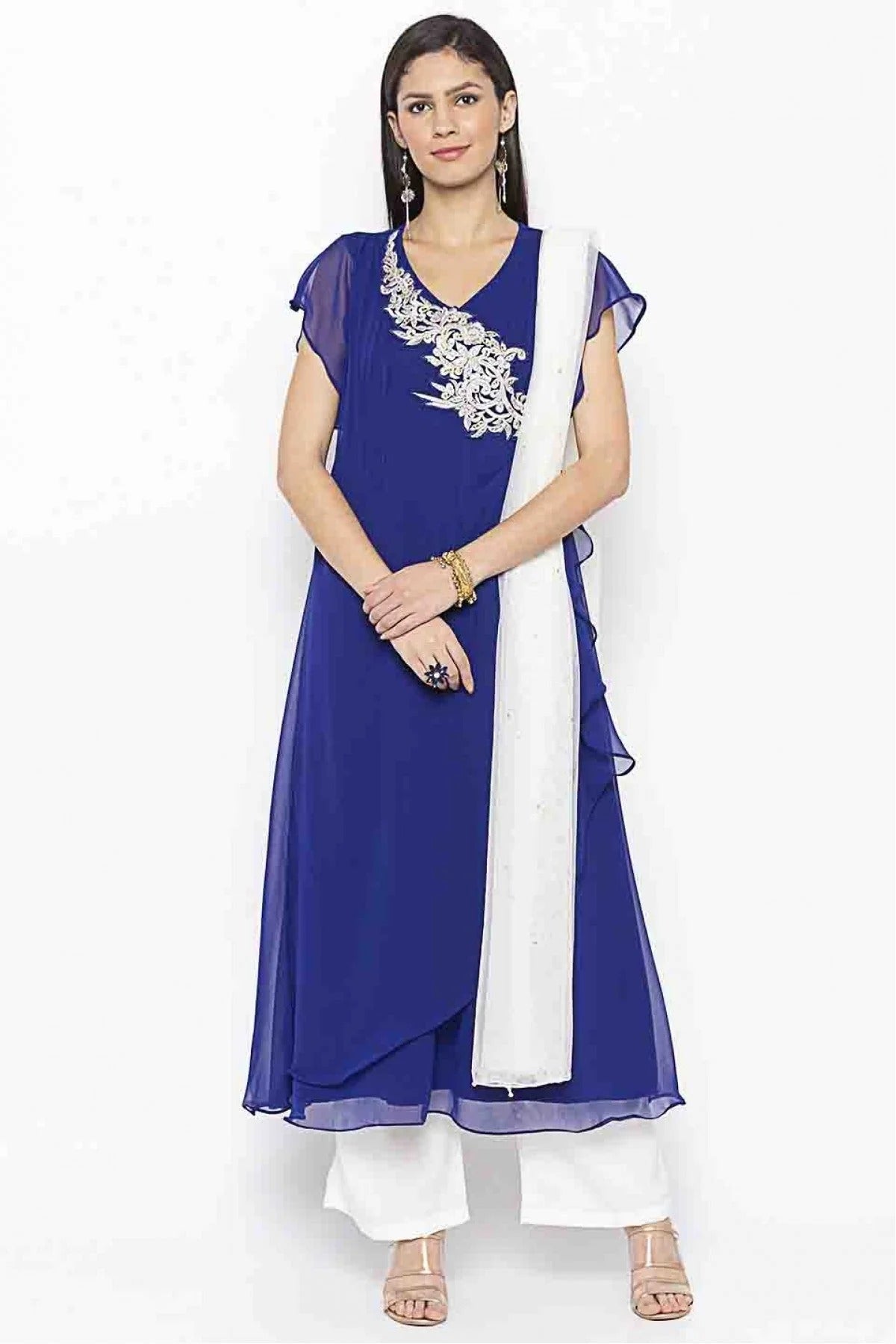 Blue Colour Plus Size Stitched Georgette Embroidery Palazzo Pant Suit BW1070224