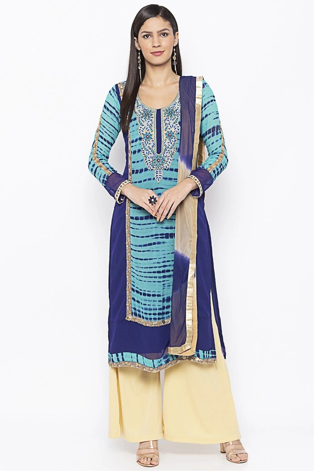 Blue Colour Plus Size Stitched Georgette Embroidery Palazzo Pant Suit BW1070244