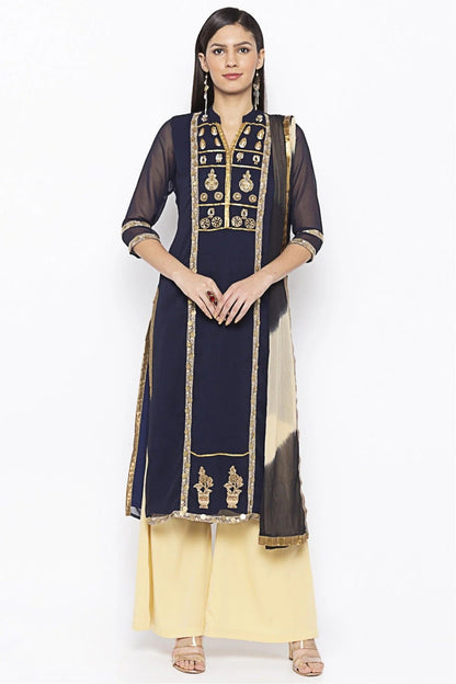 Blue Colour Plus Size Stitched Georgette Embroidery Palazzo Pant Suit BW1070246