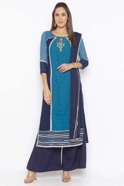 Blue Colour Plus Size Stitched Georgette Embroidery Palazzo Pant Suit BW1070290