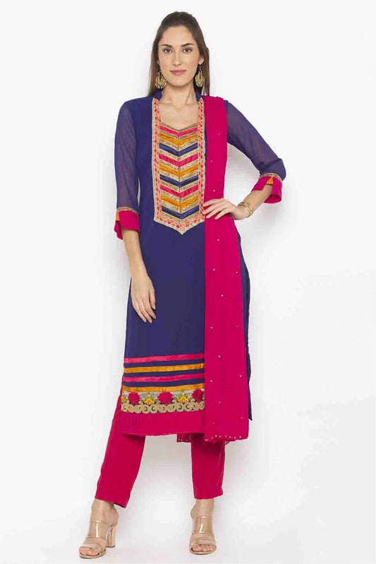 Blue Colour Plus Size Stitched Georgette Embroidery Pant Style Suit BW1070194
