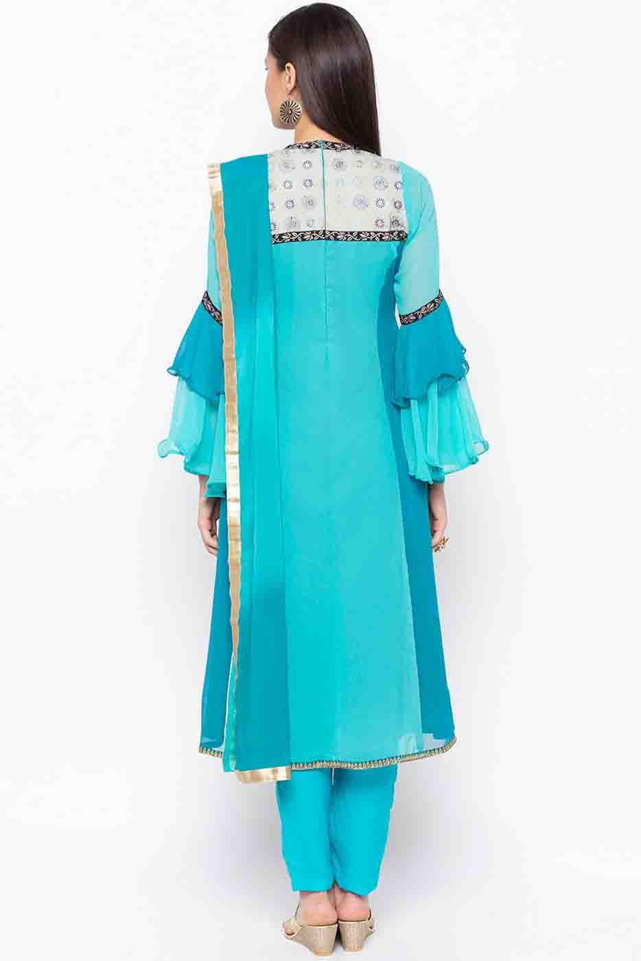 Blue Colour Plus Size Stitched Georgette Embroidery Pant Style Suit BW1070208 A