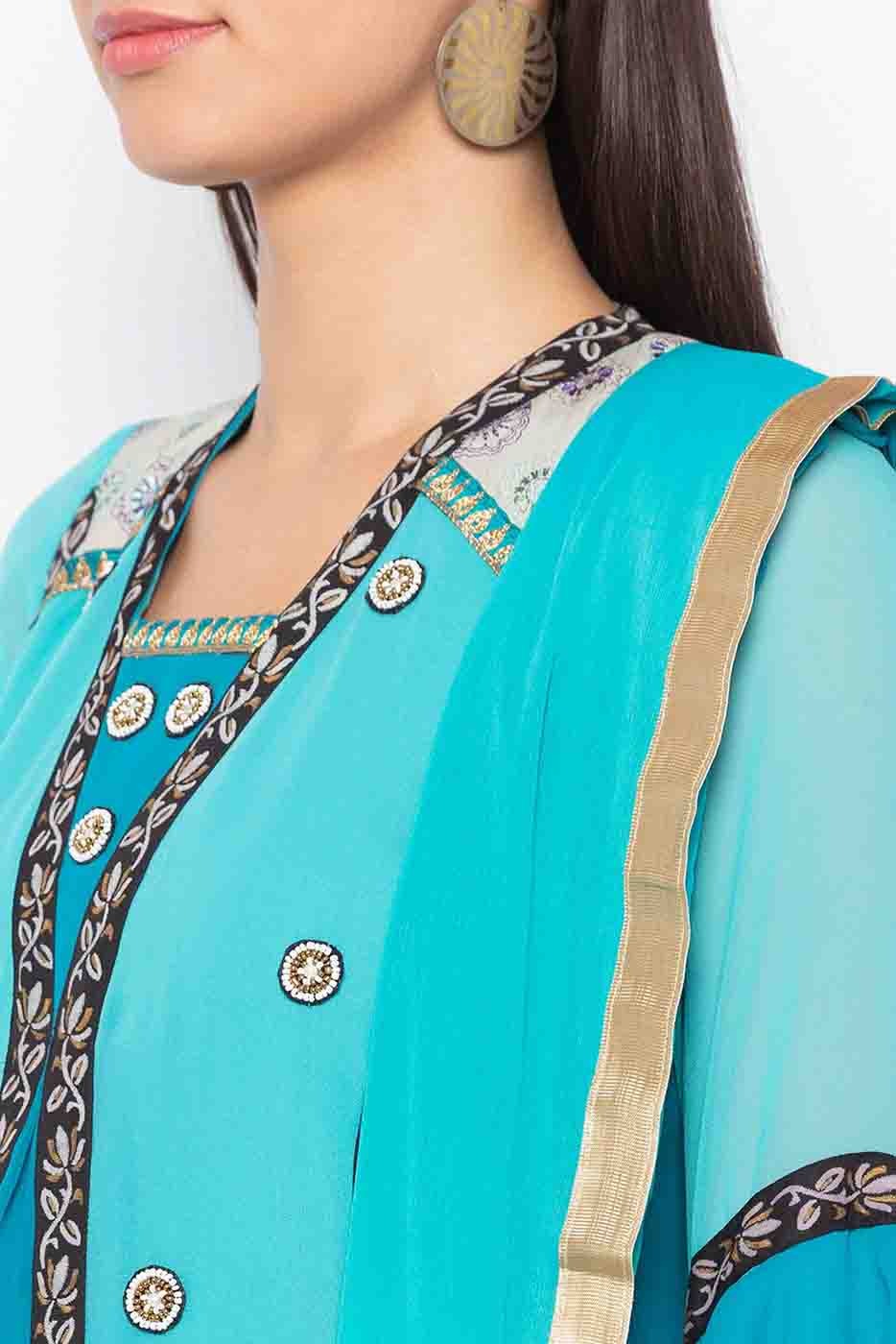 Blue Colour Plus Size Stitched Georgette Embroidery Pant Style Suit BW1070208 B