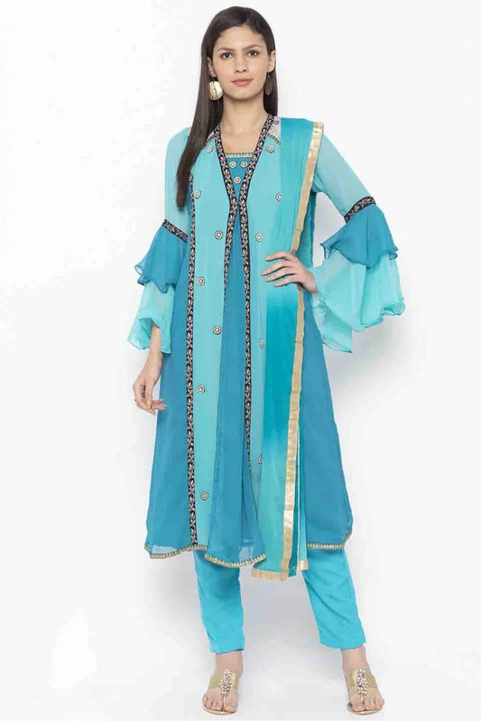 Blue Colour Plus Size Stitched Georgette Embroidery Pant Style Suit BW1070208