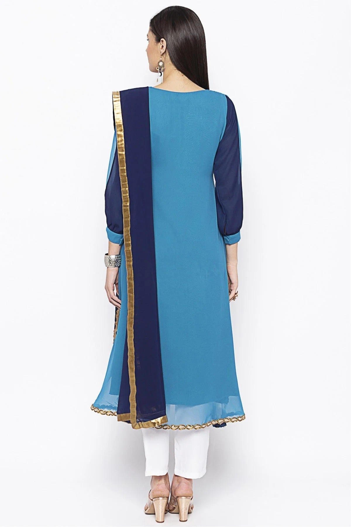 Blue Colour Plus Size Stitched Georgette Embroidery Pant Style Suit BW1070240 A