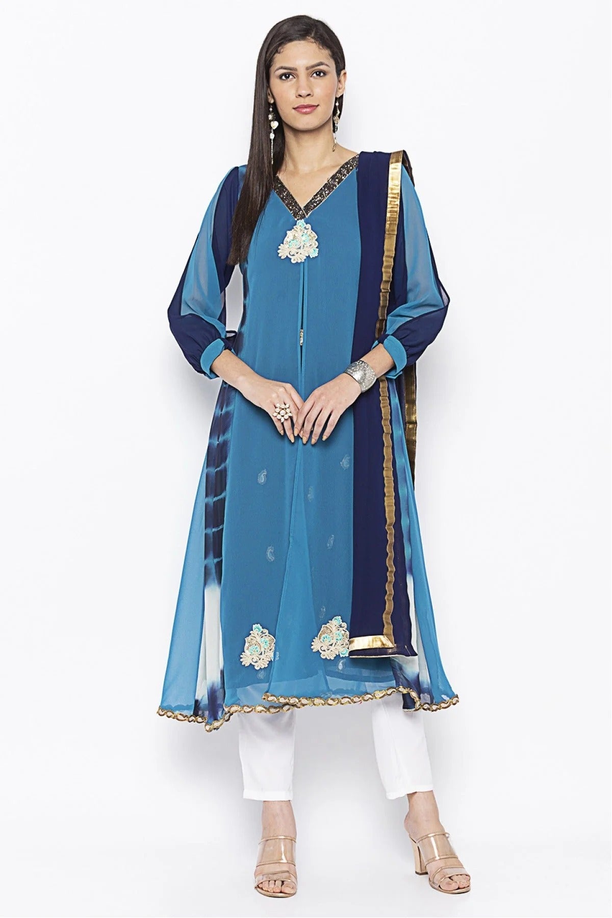 Blue Colour Plus Size Stitched Georgette Embroidery Pant Style Suit BW1070240