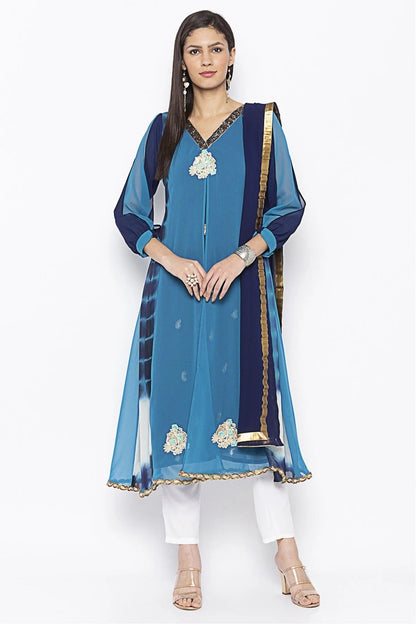 Blue Colour Plus Size Stitched Georgette Embroidery Pant Style Suit BW1070240