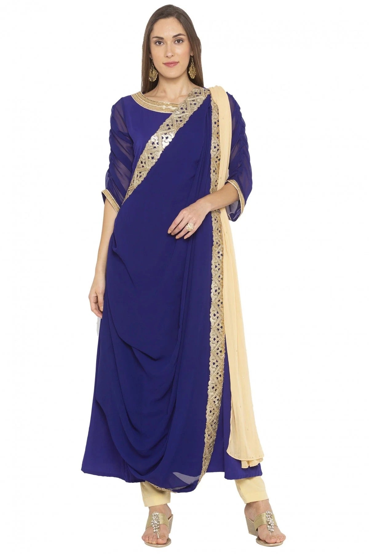 Blue Colour Plus Size Stitched Georgette Embroidery Pant Style Suit BW1070257