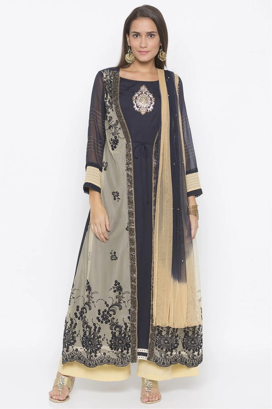 Blue Colour Plus Size Stitched Net Embroidery Palazzo Pant Suit BW1070274